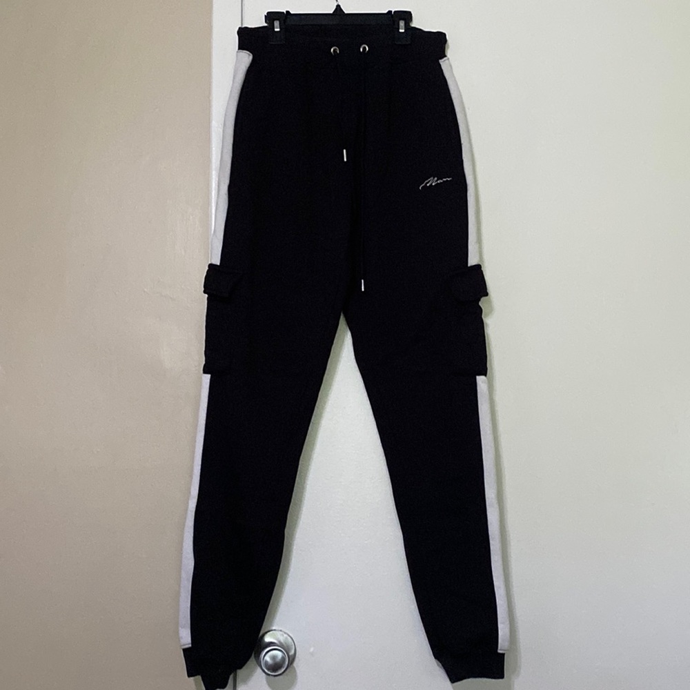 BoohooMAN Striped Cargo Joggers Black/White Size M